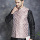 Men's Woven Design Nehru Jacket With Kurta Pyjama Set ( JOKPWC 636B 4083Magenta )