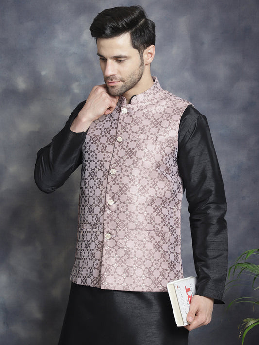 Men's Woven Design Nehru Jacket With Kurta Pyjama Set ( JOKPWC 636B 4083Magenta )