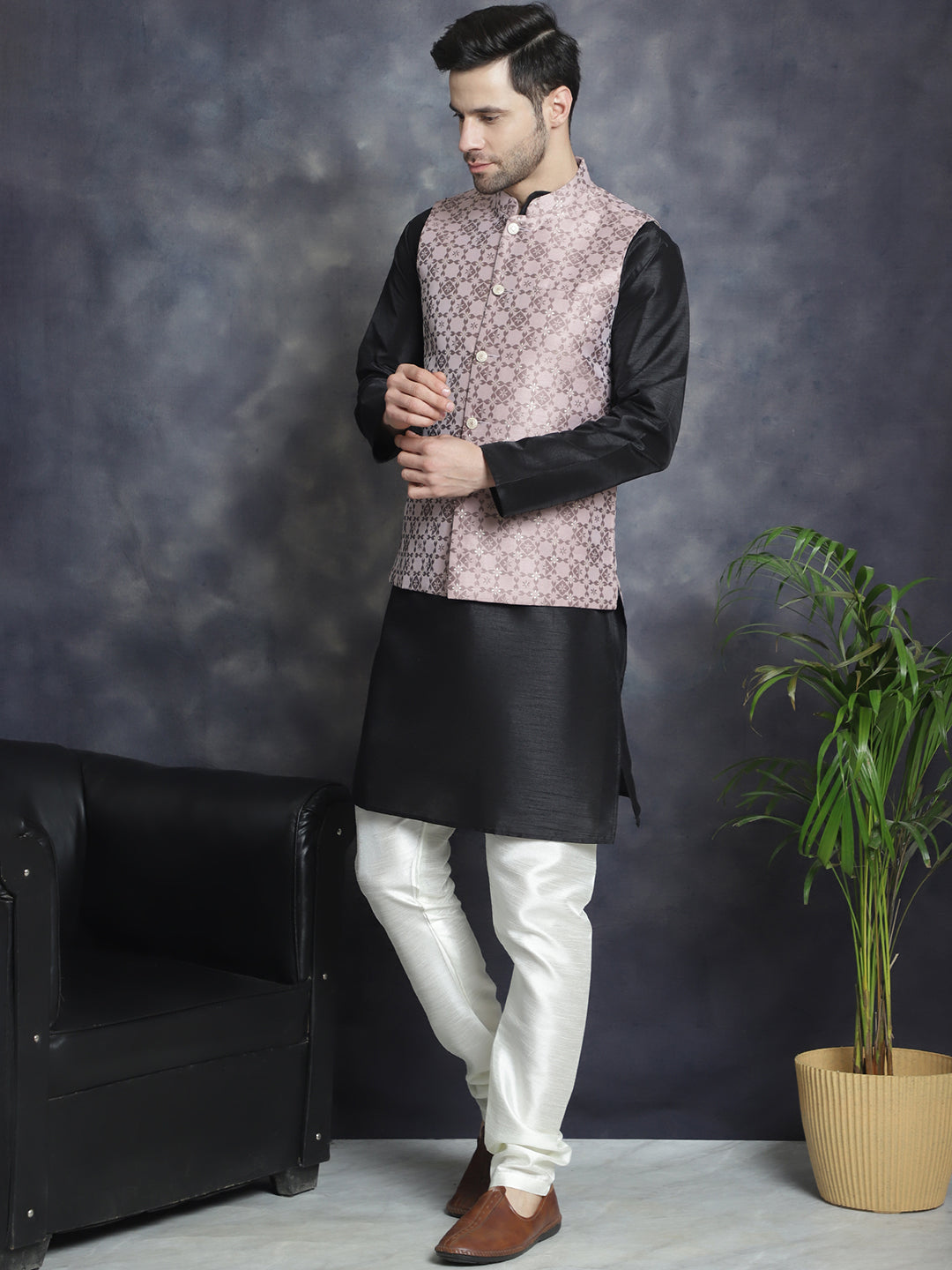 Men's Woven Design Nehru Jacket With Kurta Pyjama Set ( JOKPWC 636B 4083Magenta )