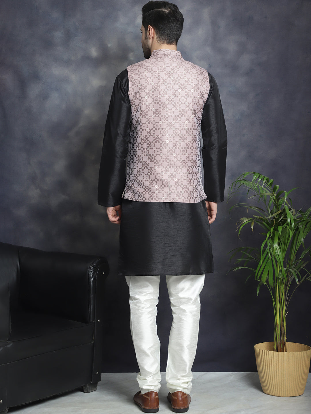 Men's Woven Design Nehru Jacket With Kurta Pyjama Set ( JOKPWC 636B 4083Magenta )