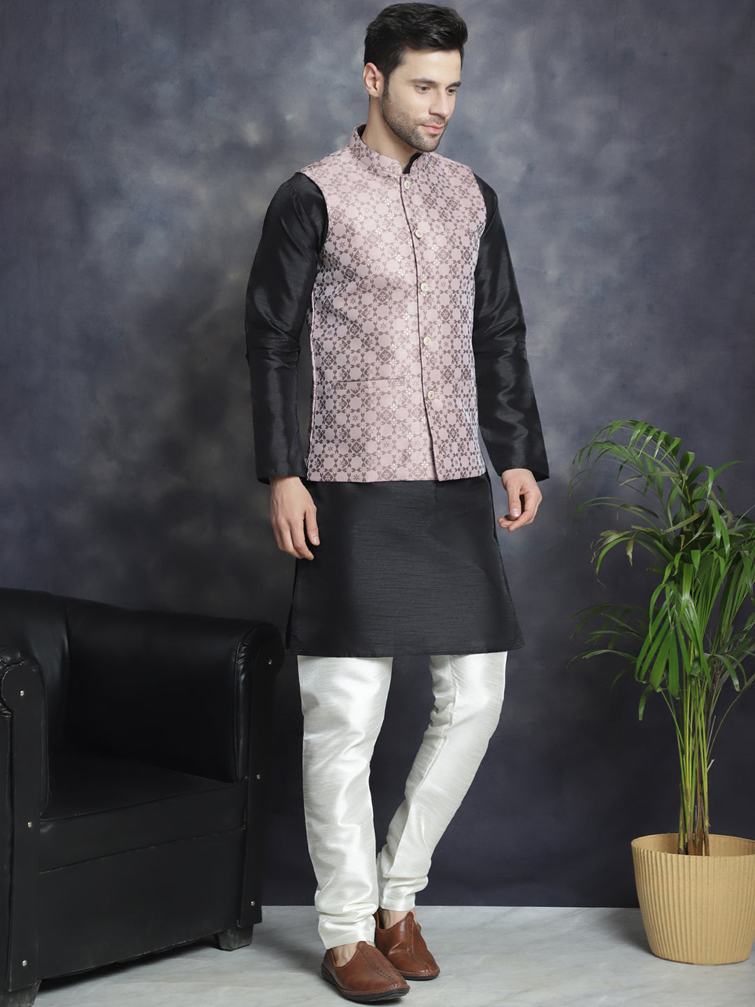 Men's Woven Design Nehru Jacket With Kurta Pyjama Set ( JOKPWC 636B 4083Magenta )