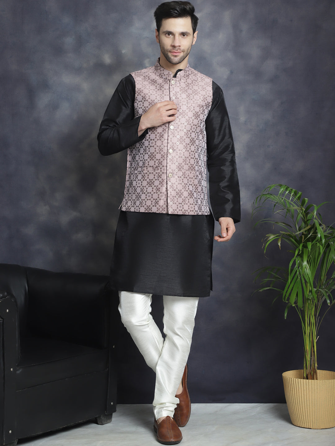 Men's Woven Design Nehru Jacket With Kurta Pyjama Set ( JOKPWC 636B 4083Magenta )