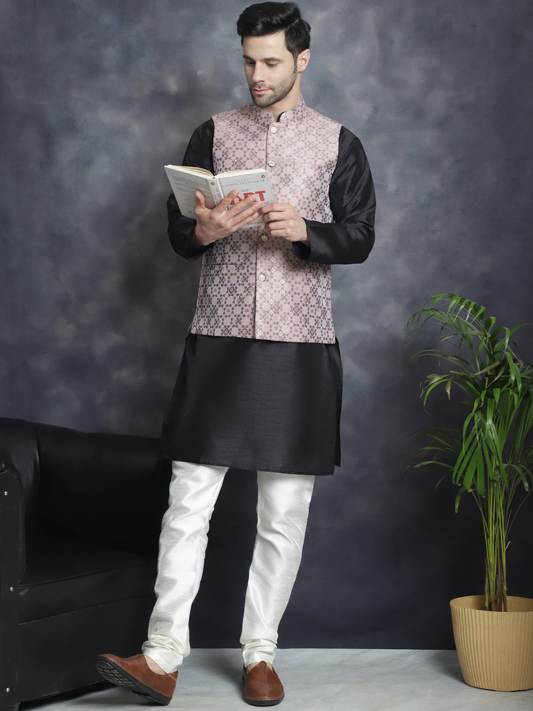 Men's Woven Design Nehru Jacket With Kurta Pyjama Set ( JOKPWC 636B 4083Magenta )