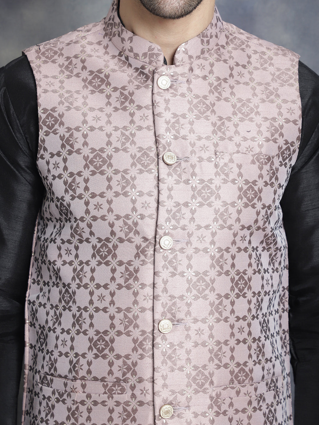 Men's Woven Design Nehru Jacket With Kurta Pyjama Set ( JOKPWC 636B 4083Magenta )
