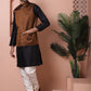 Men's Golden Woven Design Nehru Jacket With Solid Kurta Pyjama