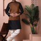 Men's Golden Woven Design Nehru Jacket With Solid Kurta Pyjama