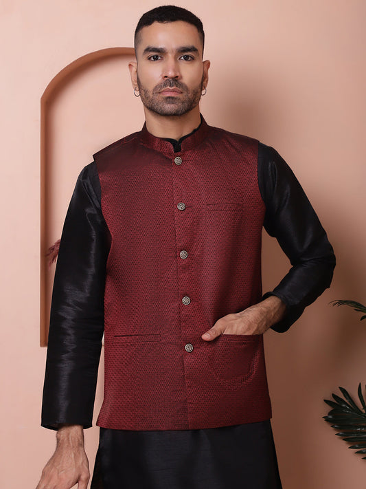 Men's Maroon Woven Design Nehru Jacket With Solid Kurta Pyjama