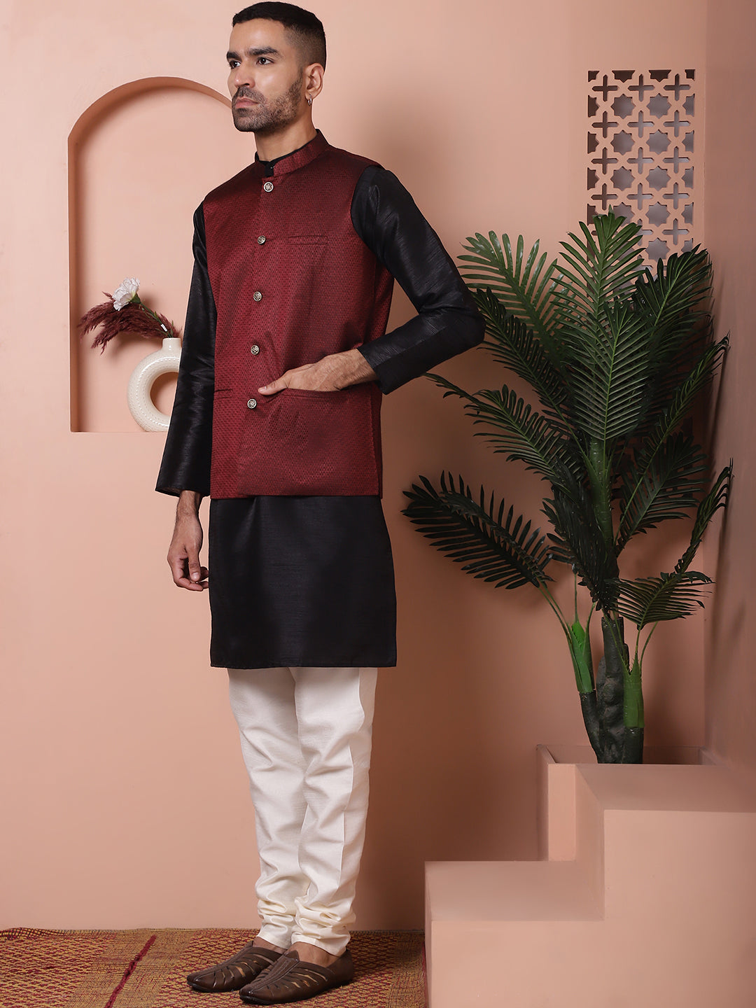 Men's Maroon Woven Design Nehru Jacket With Solid Kurta Pyjama