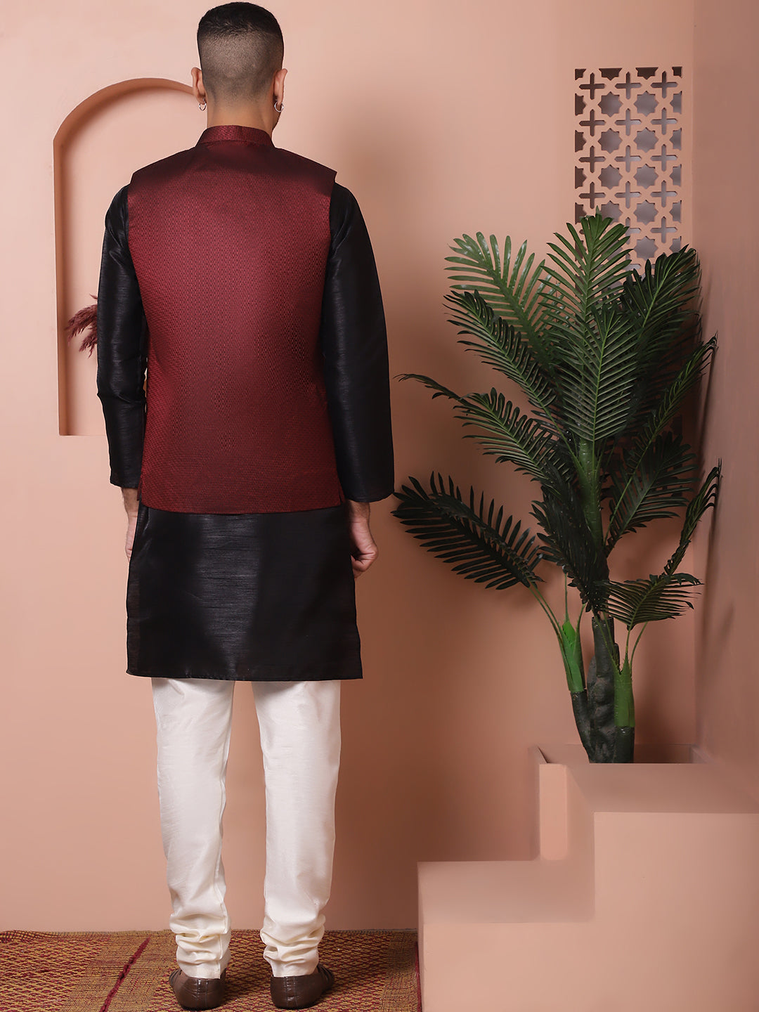 Men's Maroon Woven Design Nehru Jacket With Solid Kurta Pyjama