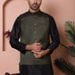 Men's Olive Green Woven Design Nehru Jacket With Solid Kurta Pyjama