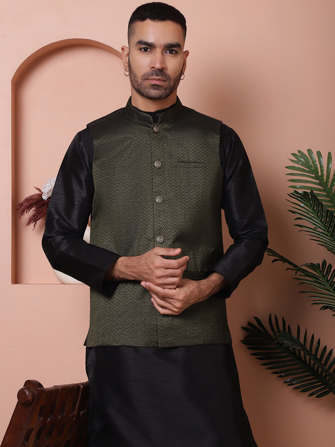 Men's Olive Green Woven Design Nehru Jacket With Solid Kurta Pyjama