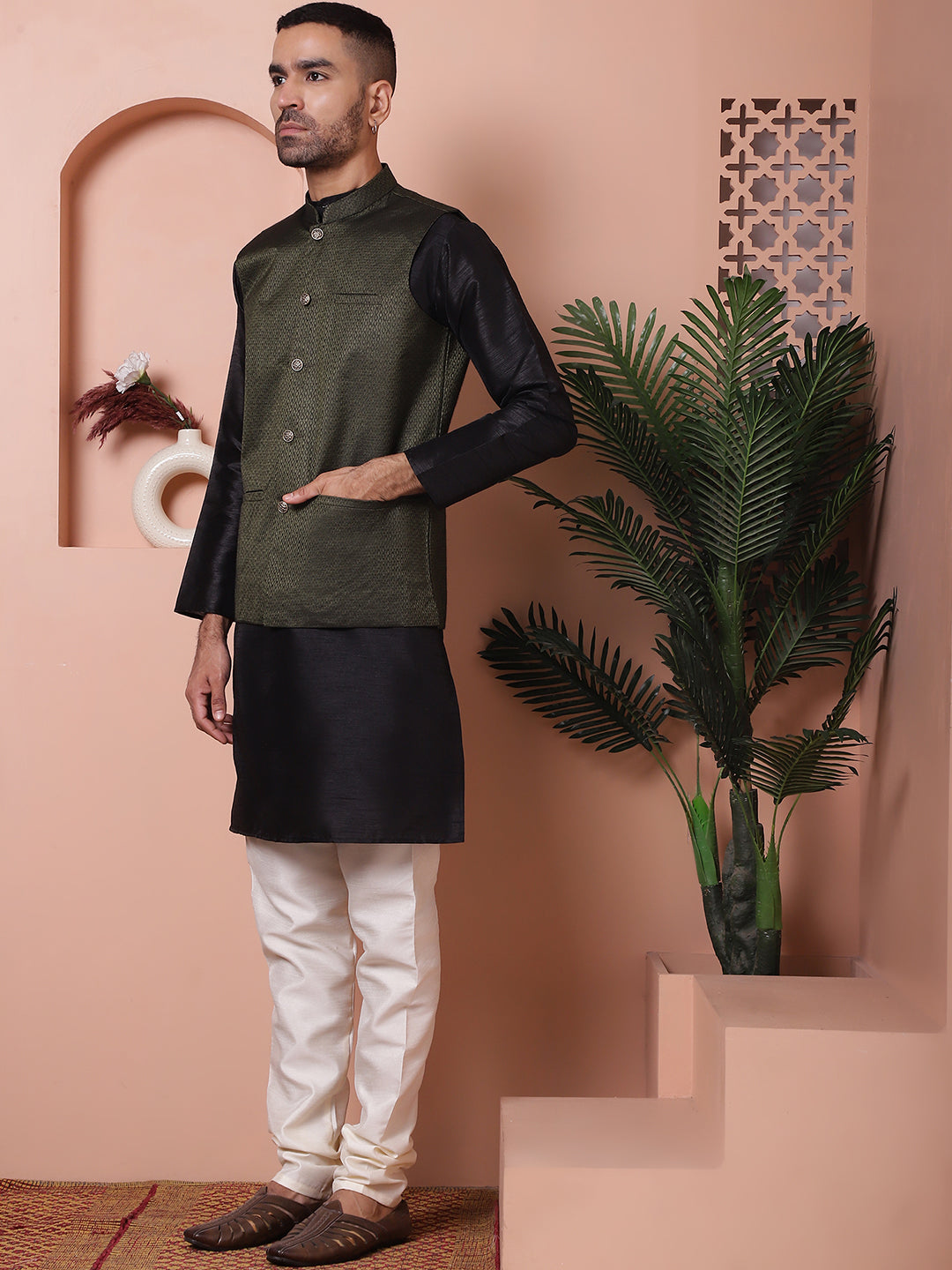 Men's Olive Green Woven Design Nehru Jacket With Solid Kurta Pyjama