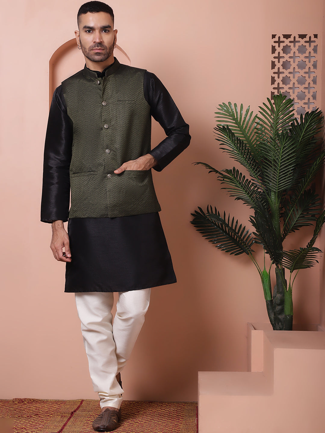 Men's Olive Green Woven Design Nehru Jacket With Solid Kurta Pyjama