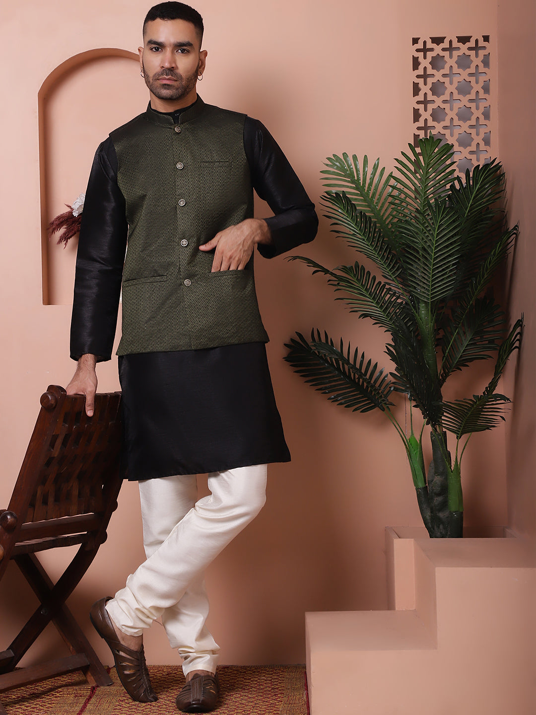 Men's Olive Green Woven Design Nehru Jacket With Solid Kurta Pyjama