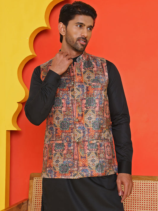 Sequins & Printed Nehru Jacket With Solid Kurta Pyjama Set ( JOKPWC 636B 4132 Orange )