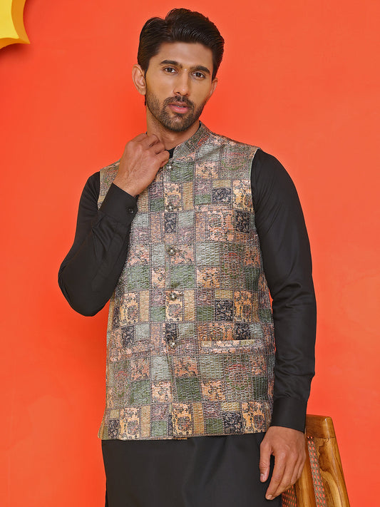 Sequins & Printed Nehru Jacket With Solid Kurta Pyjama Set ( JOKPWC 636B 4132 Peach )