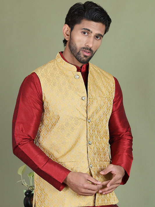 Woven Design Nehru Jacket With Solid Kurta Pyjama for Men ( JOKPWC 636M 4005Golden )