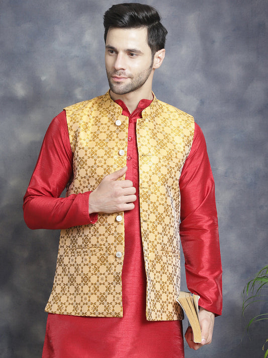 Men's Woven Design Nehru Jacket With Kurta Pyjama Set ( JOKPWC 636M 4083Mustard )
