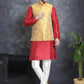 Men's Woven Design Nehru Jacket With Kurta Pyjama Set ( JOKPWC 636M 4083Mustard )