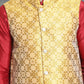 Men's Woven Design Nehru Jacket With Kurta Pyjama Set ( JOKPWC 636M 4083Mustard )