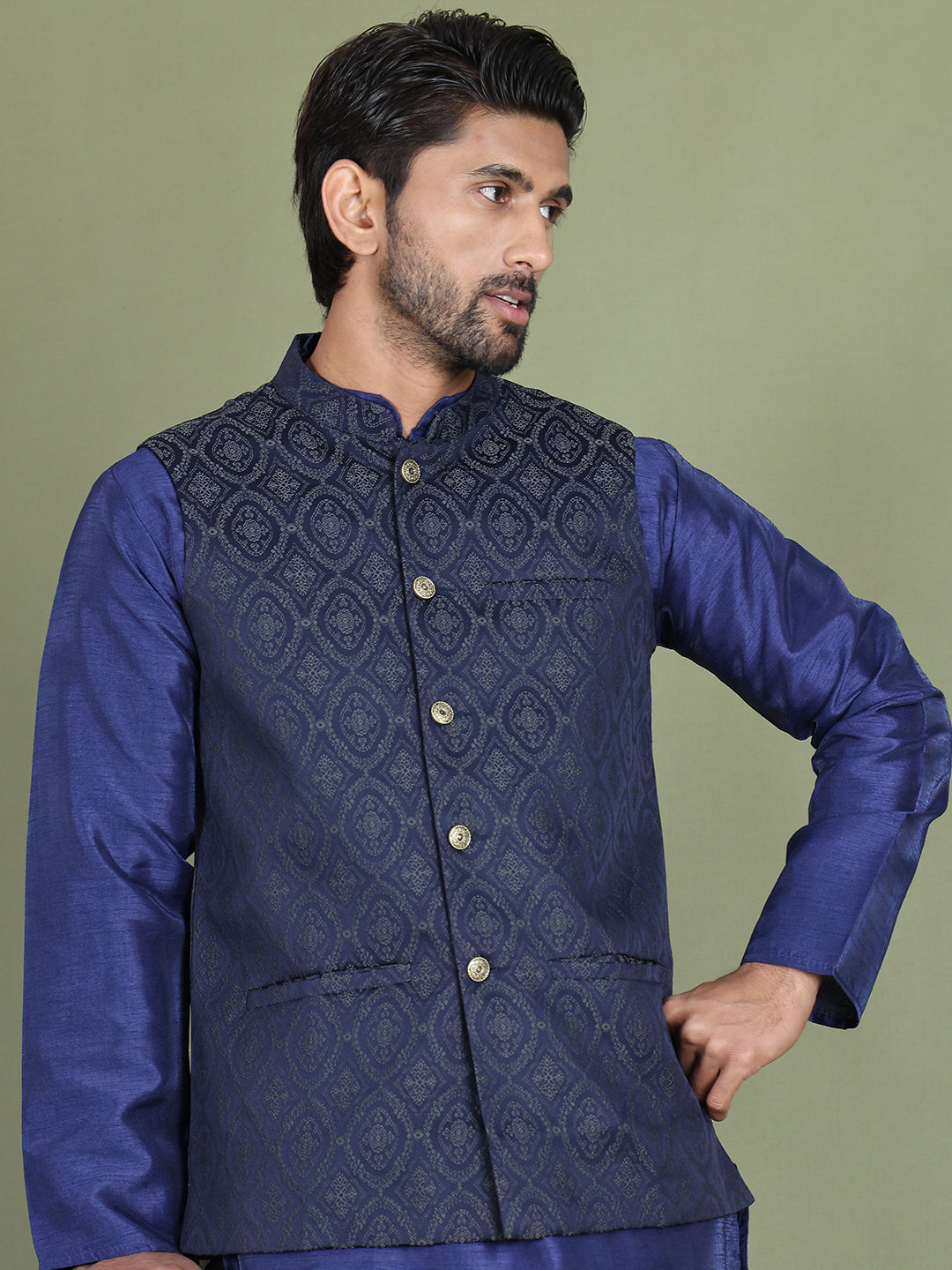 Woven Design Nehru Jacket With Solid Kurta Pyjama for Men ( JOKPWC 636N 4072Silver )