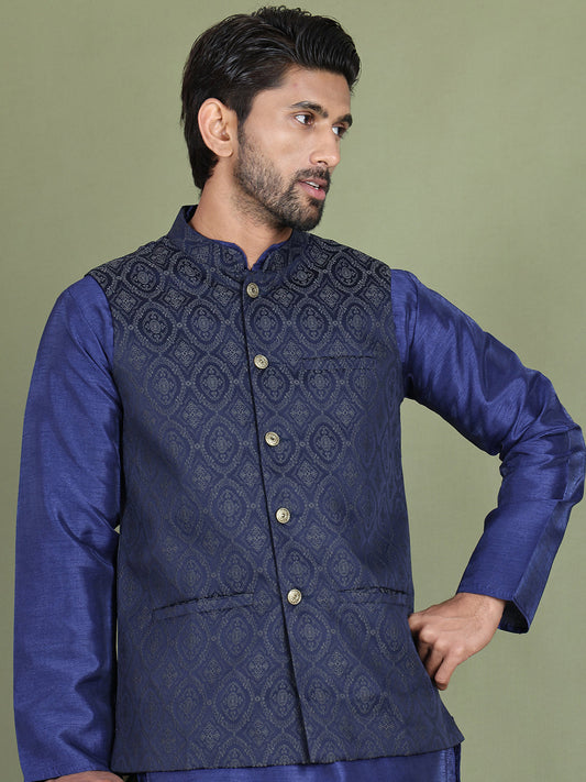 Woven Design Nehru Jacket With Solid Kurta Pyjama for Men ( JOKPWC 636N 4072Silver )