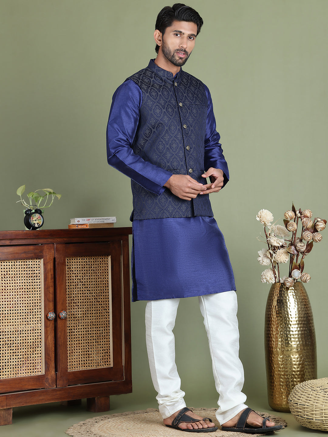 Woven Design Nehru Jacket With Solid Kurta Pyjama for Men ( JOKPWC 636N 4072Silver )