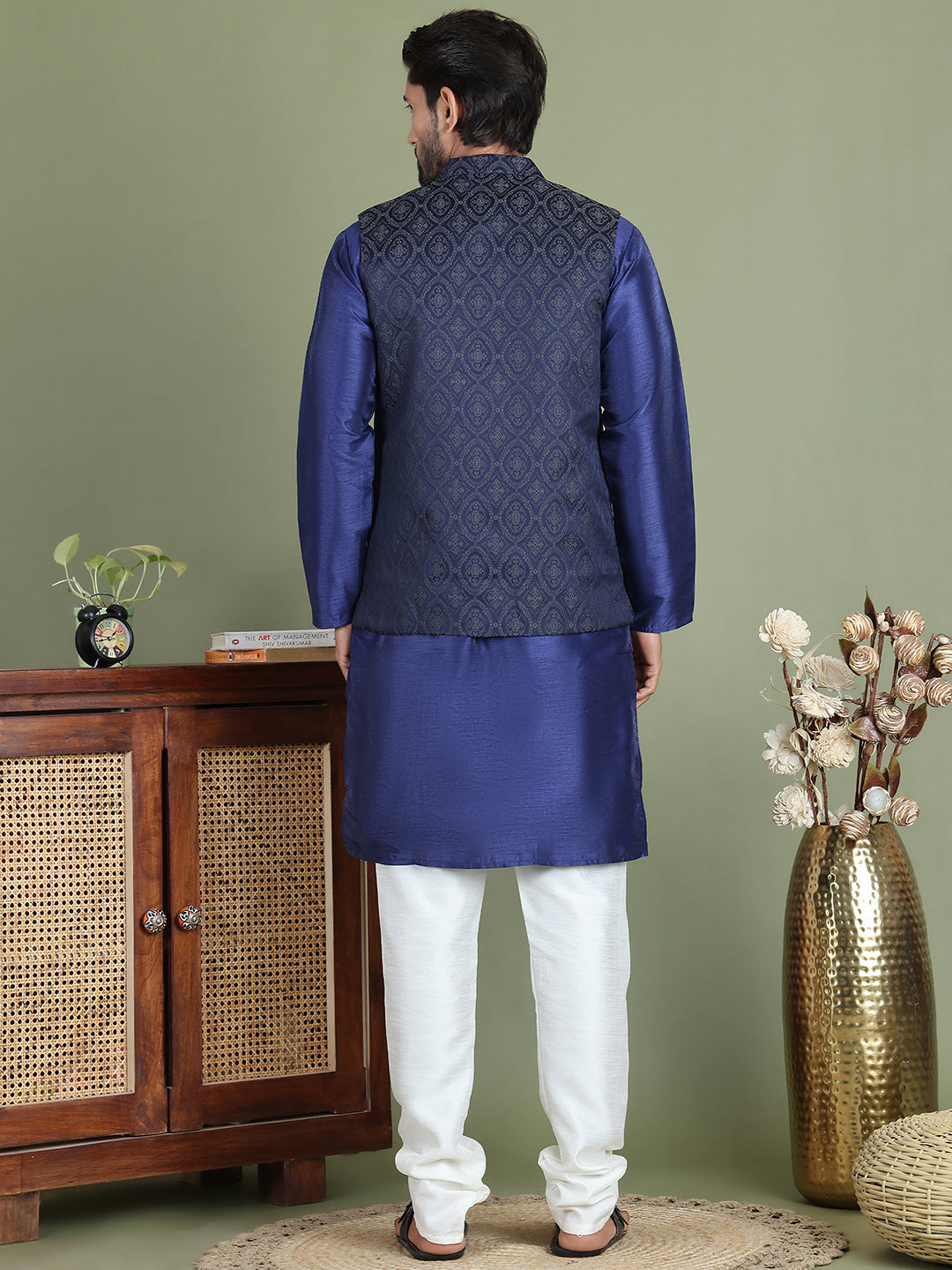 Woven Design Nehru Jacket With Solid Kurta Pyjama for Men ( JOKPWC 636N 4072Silver )
