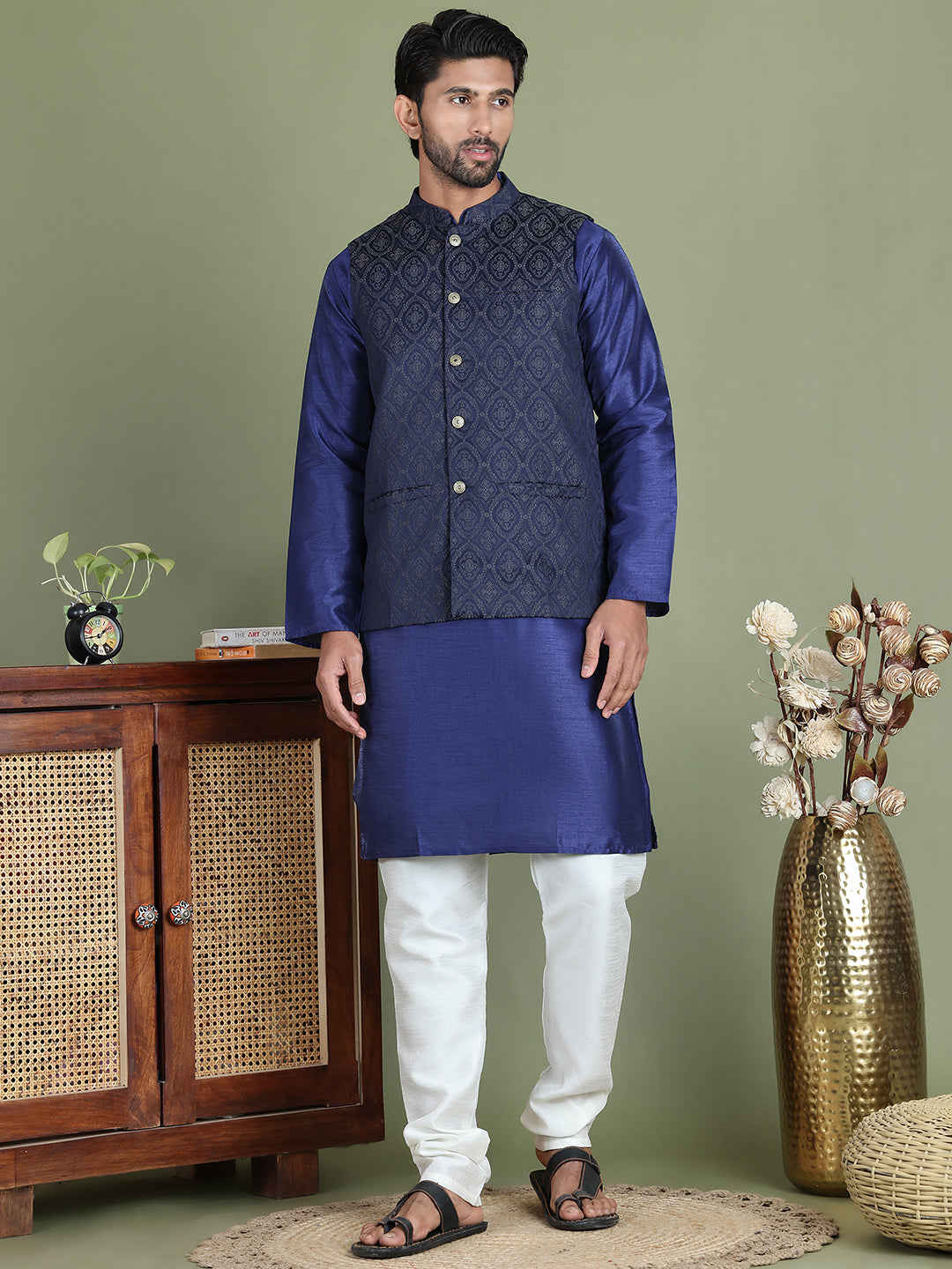 Woven Design Nehru Jacket With Solid Kurta Pyjama for Men ( JOKPWC 636N 4072Silver )