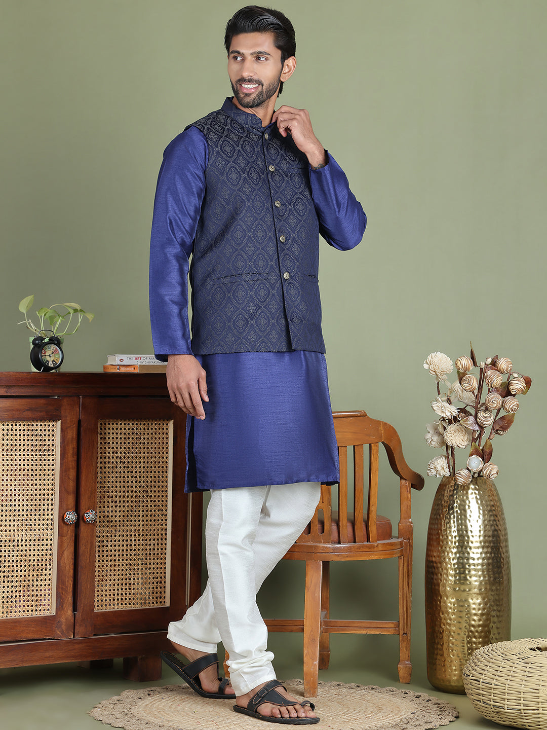 Woven Design Nehru Jacket With Solid Kurta Pyjama for Men ( JOKPWC 636N 4072Silver )