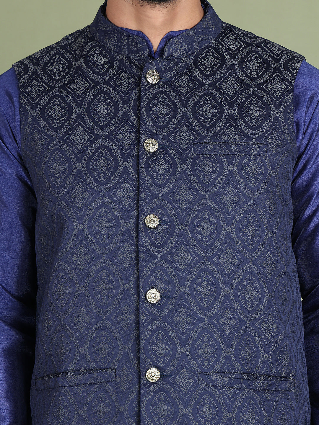 Woven Design Nehru Jacket With Solid Kurta Pyjama for Men ( JOKPWC 636N 4072Silver )