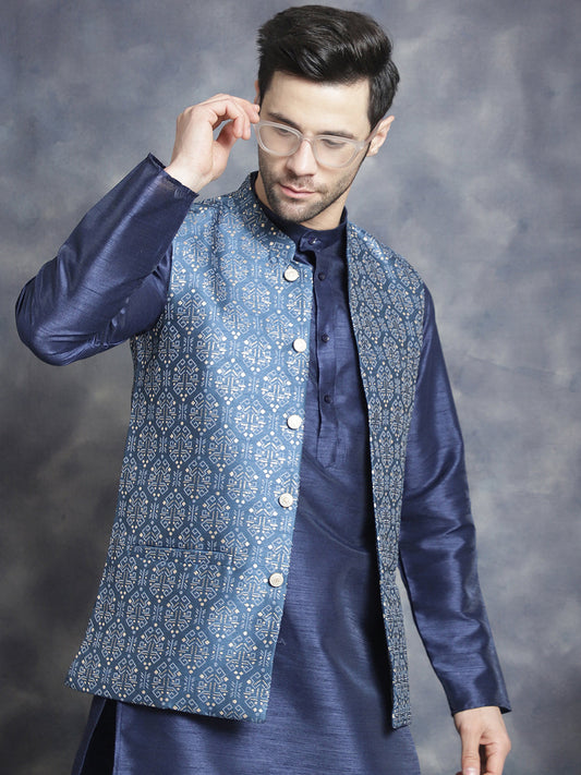 Men's Printed Nehru Jacket With Kurta Pyjama Set ( JOKPWC 636W 4084Blue )