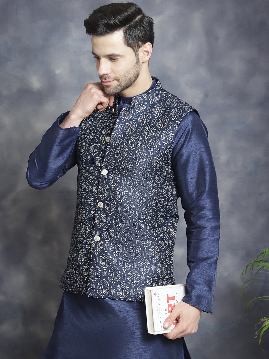 Men's Printed Nehru Jacket With Kurta Pyjama Set ( JOKPWC 636N 4084Navy )