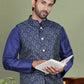 Men's Printed Nehru Jacket With Kurta Pyjama Set ( JOKPWC 636N 4084Navy )