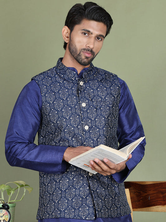 Men's Printed Nehru Jacket With Kurta Pyjama Set ( JOKPWC 636N 4084Navy )