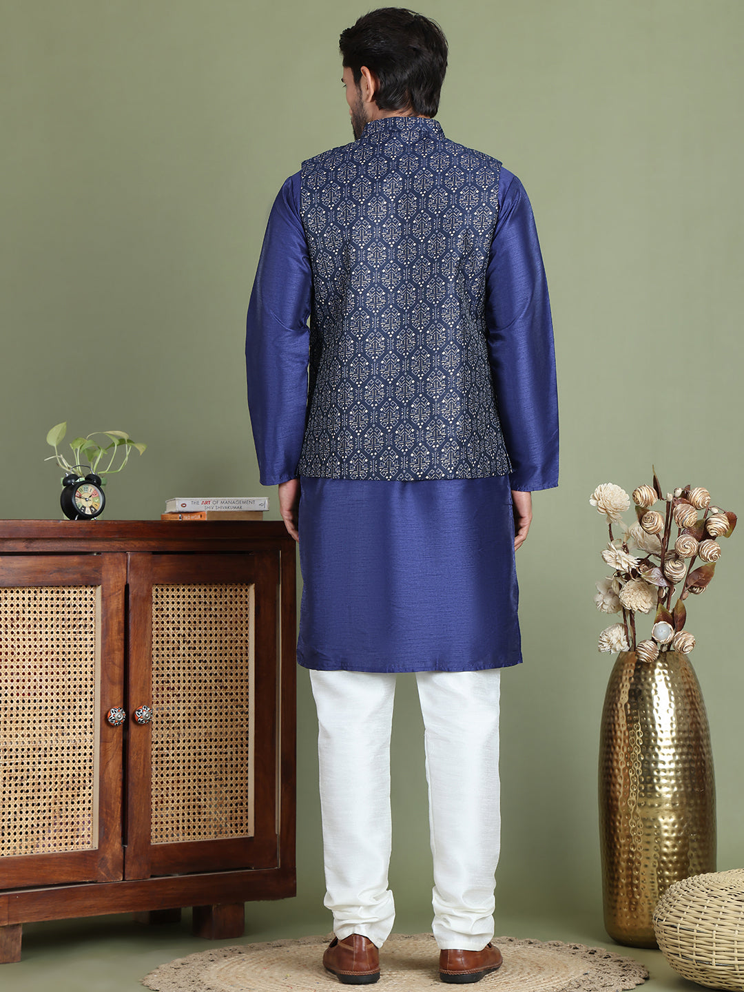Men's Printed Nehru Jacket With Kurta Pyjama Set ( JOKPWC 636N 4084Navy )