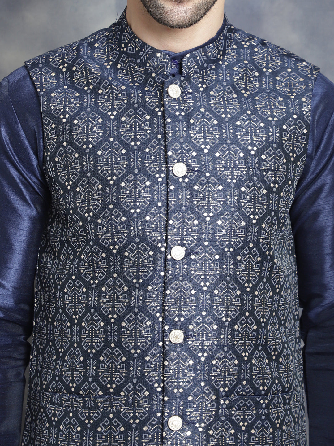 Men's Printed Nehru Jacket With Kurta Pyjama Set ( JOKPWC 636N 4084Navy )