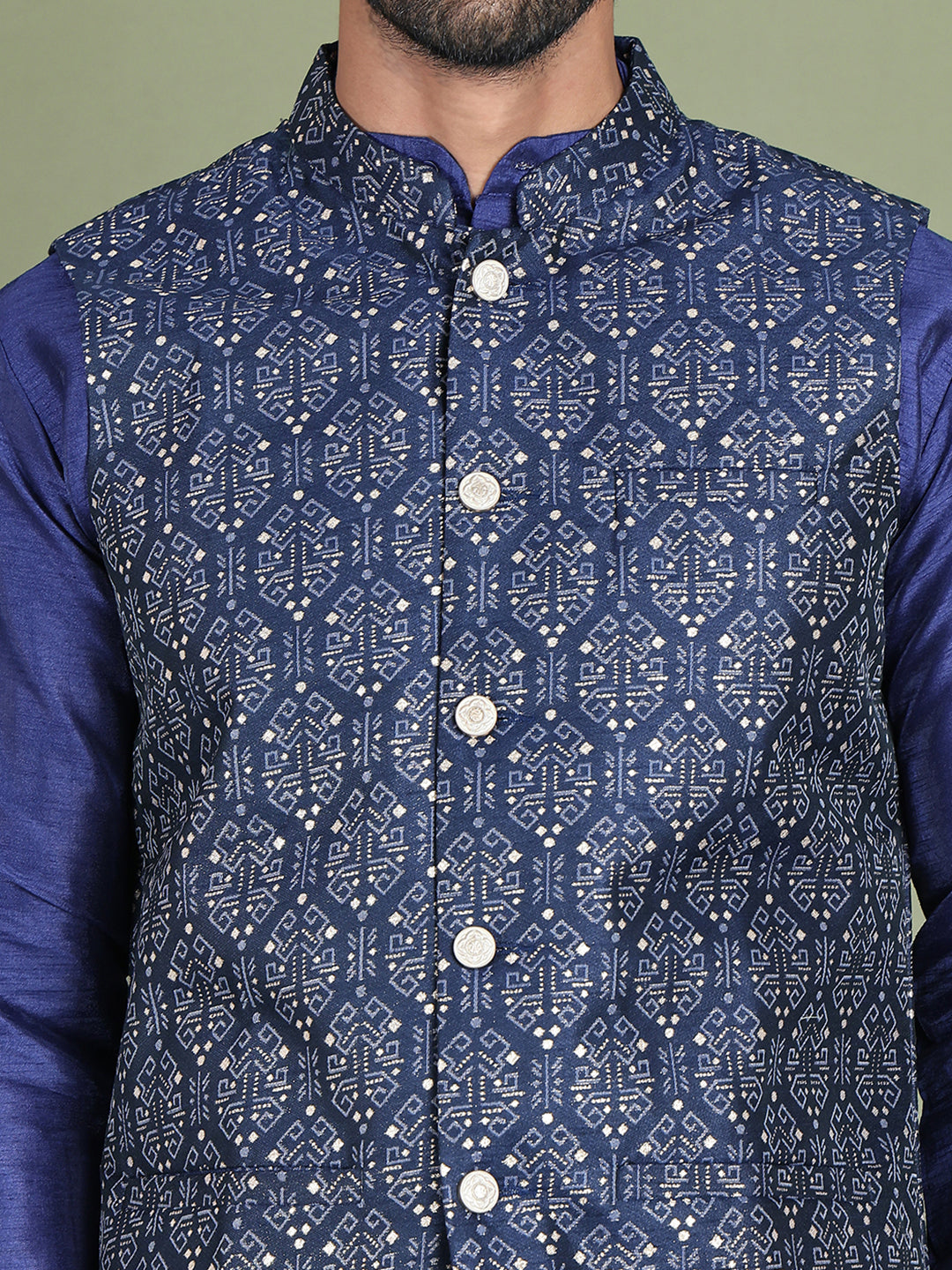 Men's Printed Nehru Jacket With Kurta Pyjama Set ( JOKPWC 636N 4084Navy )