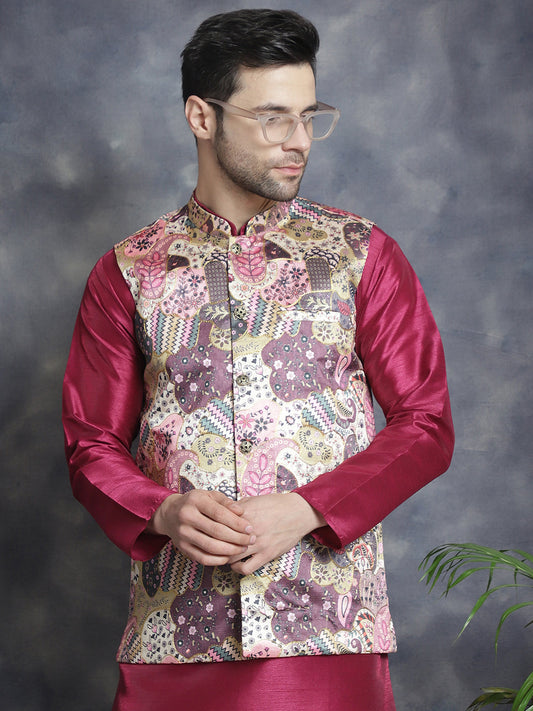Men's Digital Print and Zari Work Nehru Jacket With Kurta Pyjama Set ( JOKPWC 636PR 4086Purple )