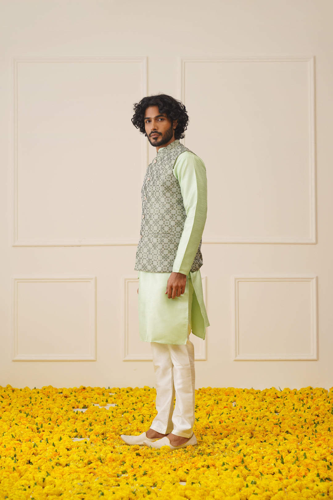 Men's Woven Design Nehru Jacket With Kurta Pyjama Set