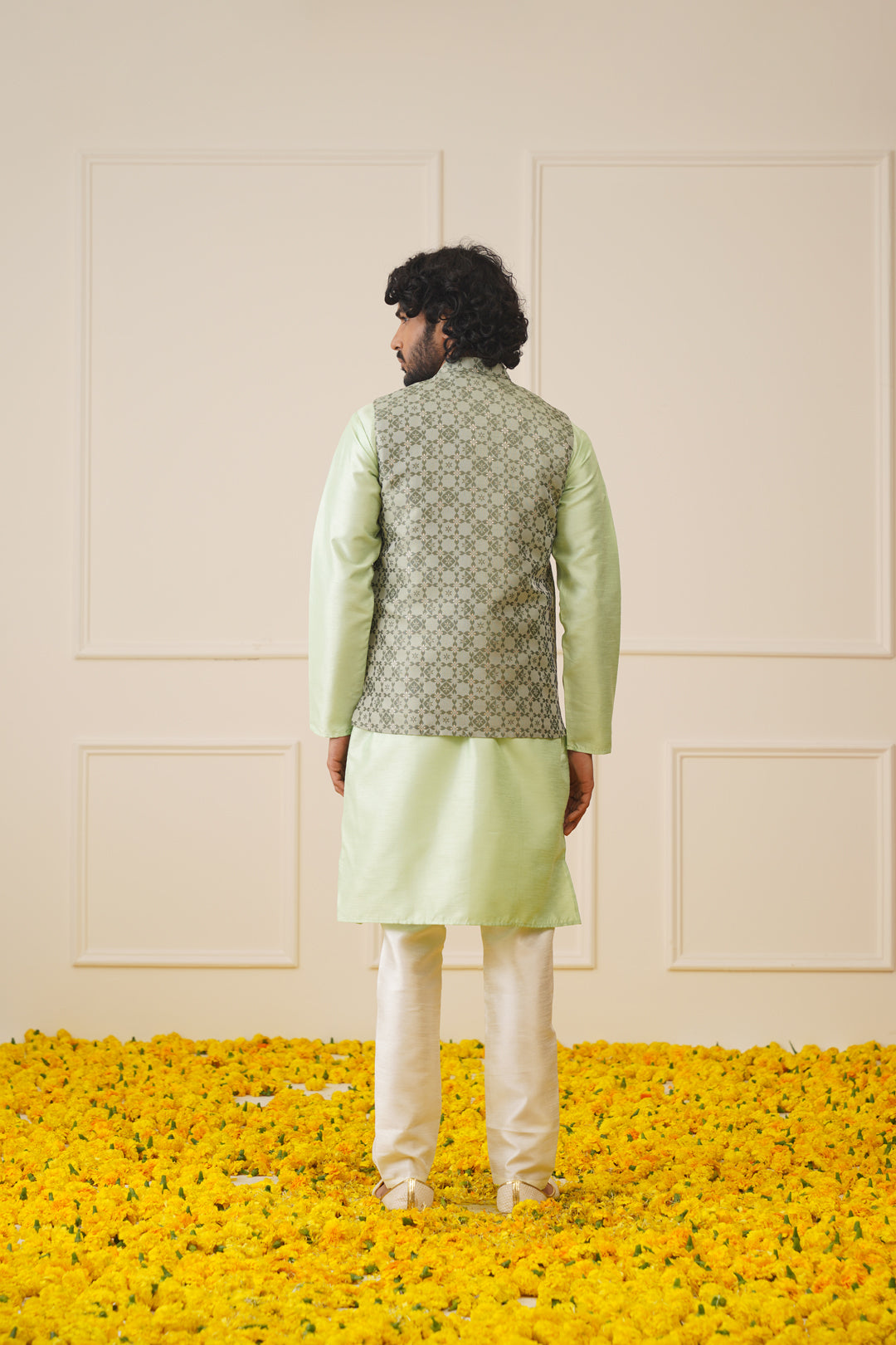 Men's Woven Design Nehru Jacket With Kurta Pyjama Set