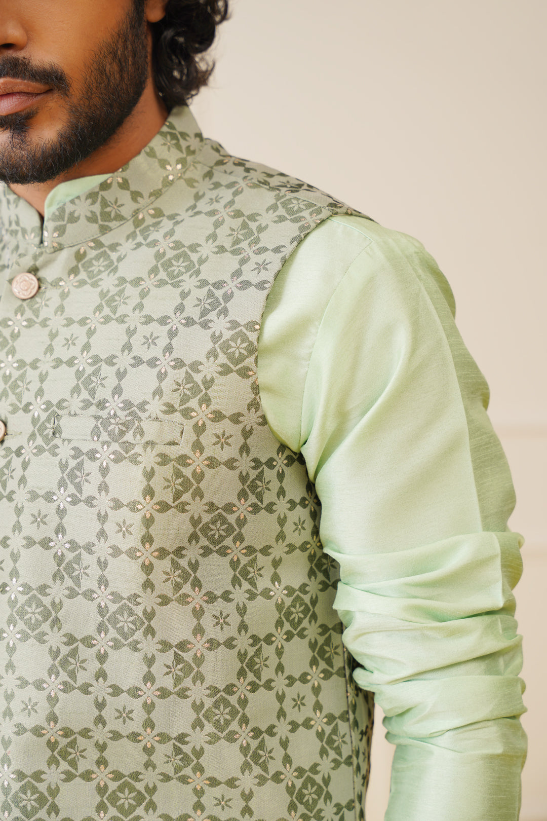 Men's Woven Design Nehru Jacket With Kurta Pyjama Set