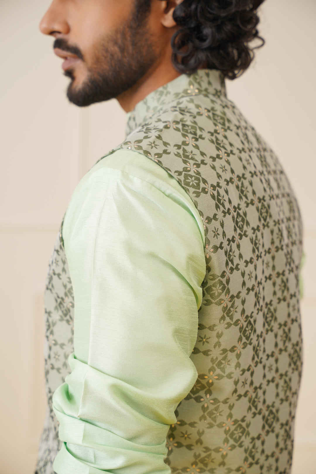 Men's Woven Design Nehru Jacket With Kurta Pyjama Set