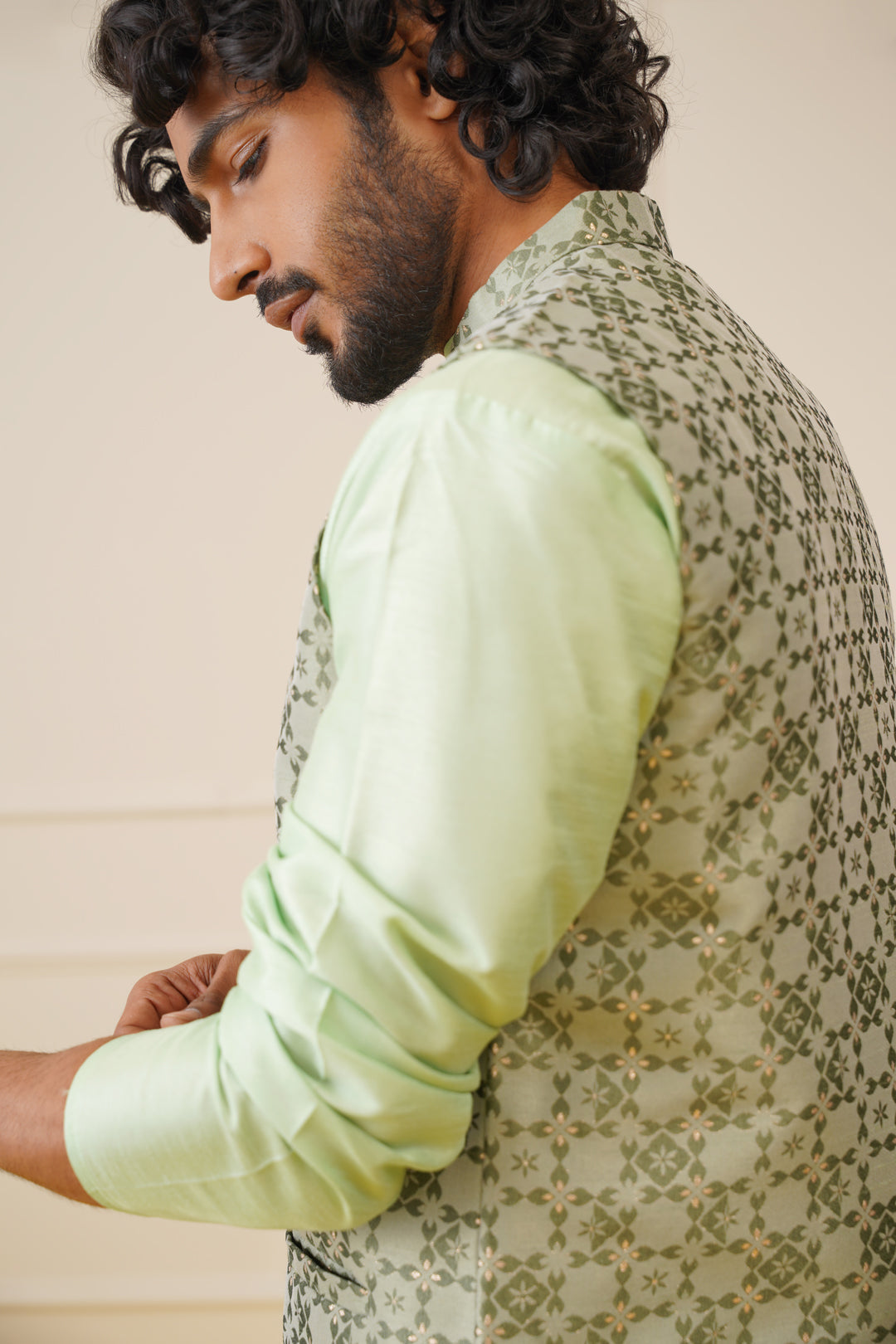 Men's Woven Design Nehru Jacket With Kurta Pyjama Set