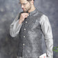 Men's Printed Nehru Jacket With Kurta Pyjama Set ( JOKPWC 636S 4084Charcoal )