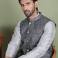 Men's Printed Nehru Jacket With Kurta Pyjama Set ( JOKPWC 636S 4084Charcoal )