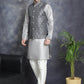 Men's Printed Nehru Jacket With Kurta Pyjama Set ( JOKPWC 636S 4084Charcoal )