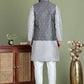 Men's Printed Nehru Jacket With Kurta Pyjama Set ( JOKPWC 636S 4084Charcoal )