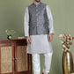 Men's Printed Nehru Jacket With Kurta Pyjama Set ( JOKPWC 636S 4084Charcoal )