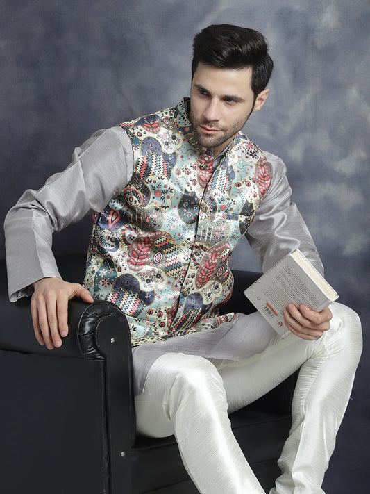 Men's Digital Print and Zari Work Nehru Jacket With Kurta Pyjama Set ( JOKPWC 636S 4086Blue )